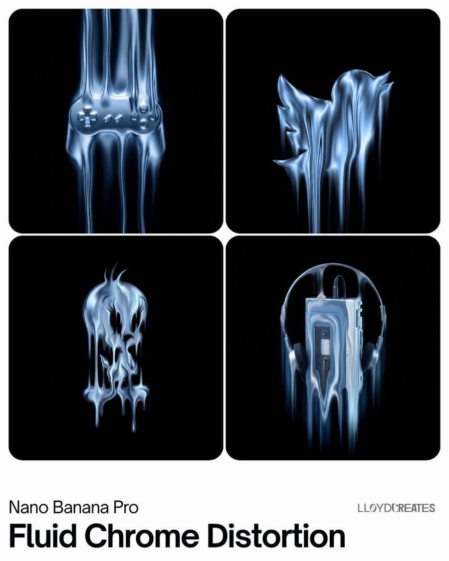 Fluid Chrome Distortion Product Render — Nano Banana Pro image prompt example