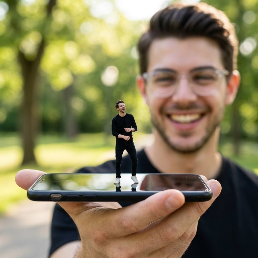 Forced Perspective Miniature Self On Smartphone Screen — generated with Nano Banana Pro