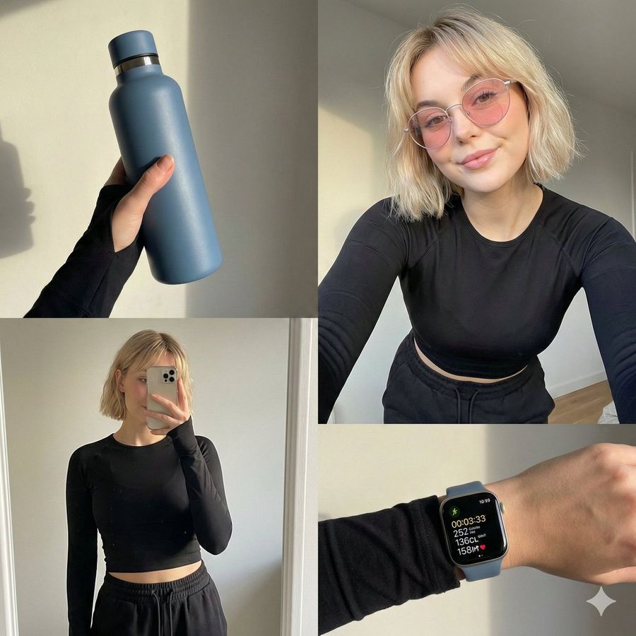 Four Grid Lifestyle Collage Of An Asian Woman In Activewear Post Workout — Nano Banana Pro image prompt example