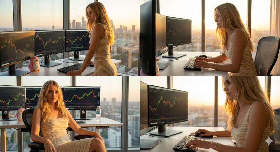 Four Panel Collage Of Trader In High Rise Office — Nano Banana Pro image prompt example
