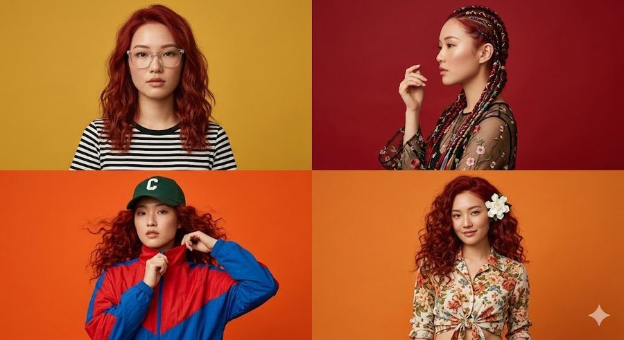 Four Panel Fashion Collage Of A Woman With Red Hair — Nano Banana Pro image prompt example