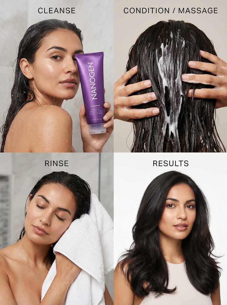 Four Panel Luxury Haircare Campaign Grid — Nano Banana Pro image prompt example