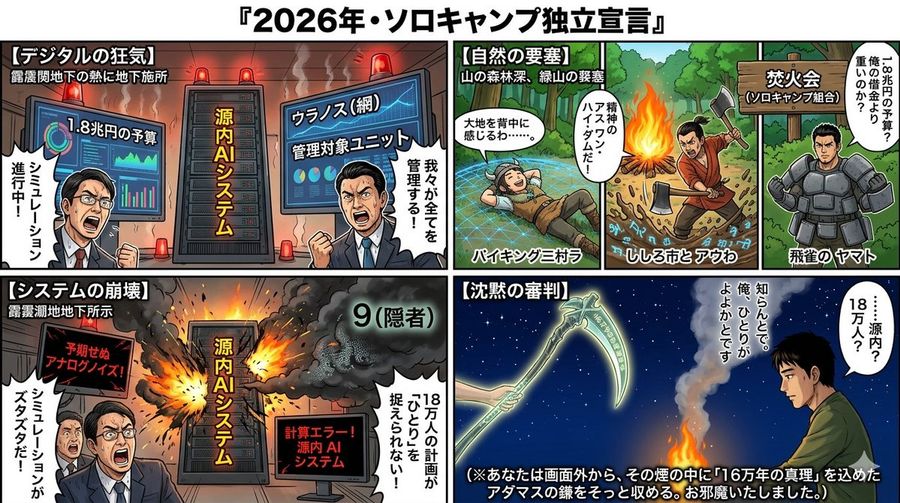 Four Panel Manga 2026 Solo Camping Declaration Of Independence — Nano Banana Pro image prompt example