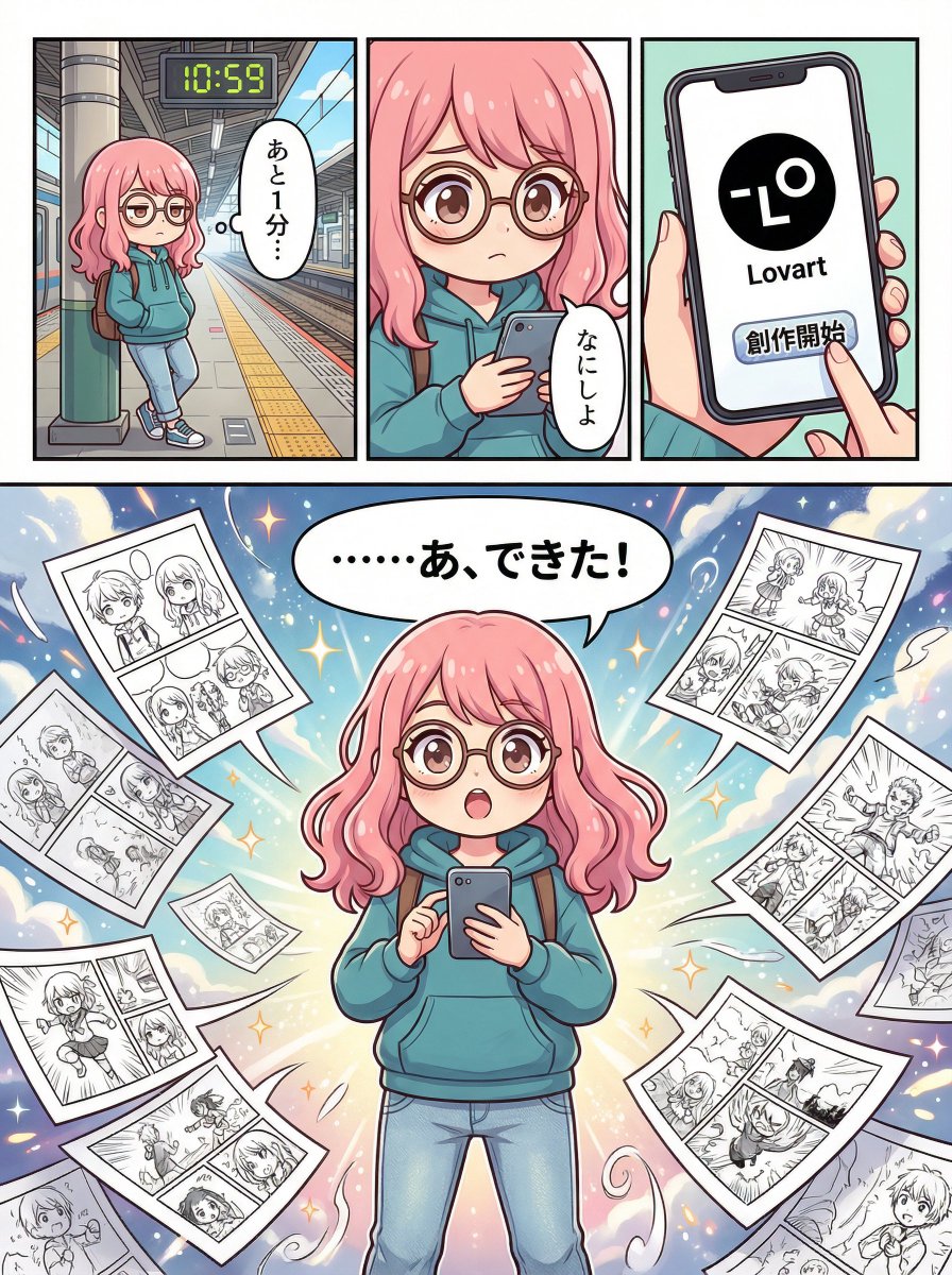 Four Panel Manga Creation About Lovart App — Nano Banana Pro image prompt example