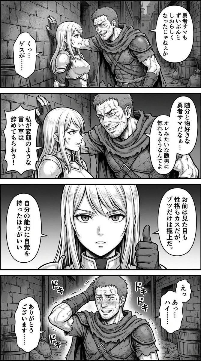 Four Panel Manga Fantasy Alleyway Wall Slam — Nano Banana Pro image prompt example