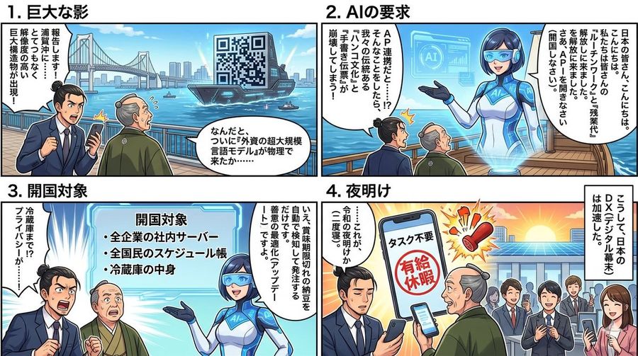 Four Panel Manga Generation Ai Black Ship Arrival — generated with Nano Banana Pro