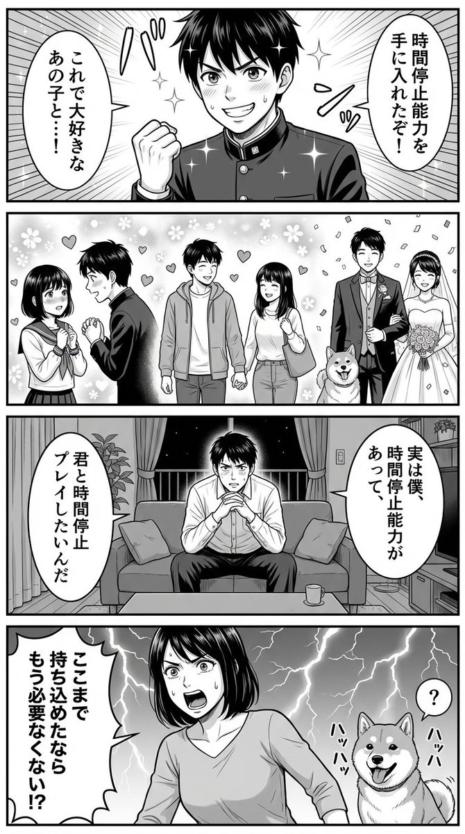 Four Panel Manga Prompt For Nano Banana Pro Time Stop Comedy — Nano Banana Pro image prompt example