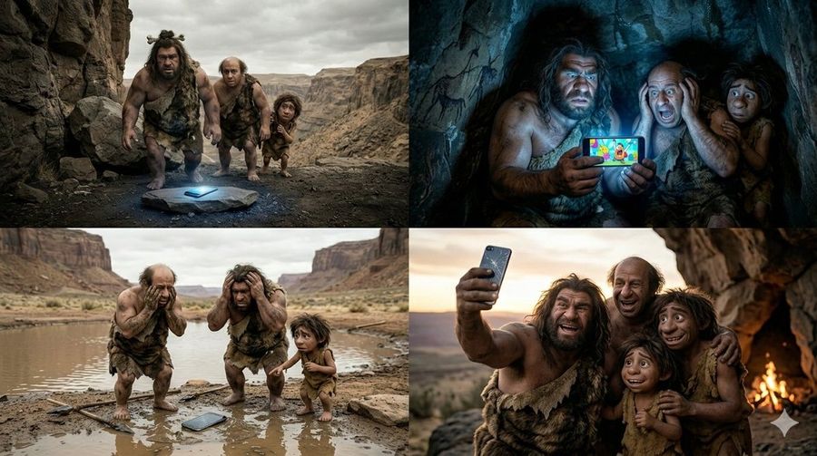 Funny 4 Part Story Primitive Men And A Mobile Phone — Nano Banana Pro image prompt example