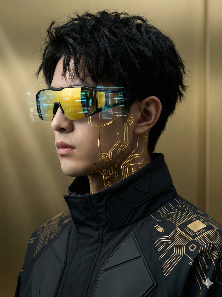 Futuristic Cyberpunk Portrait With Golden Circuitry — Nano Banana Pro image prompt example