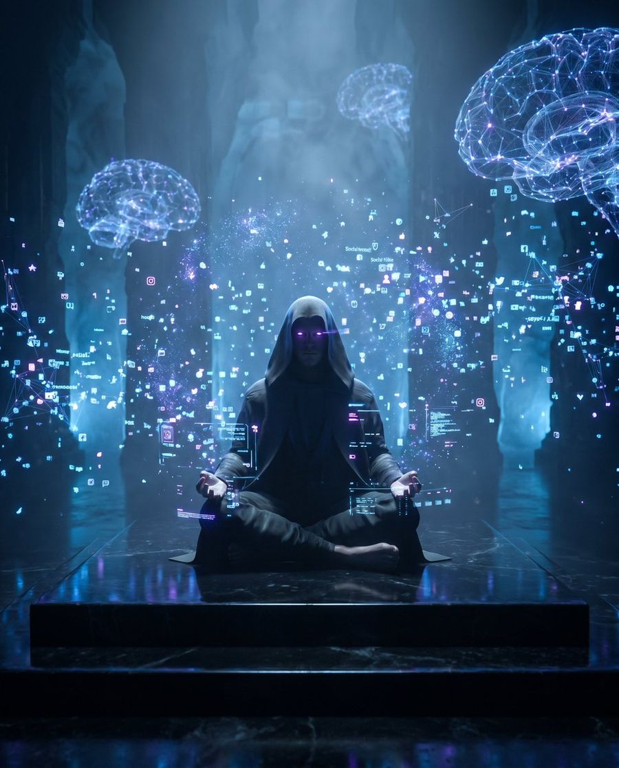 Futuristic Digital Monk Cyber Spiritualism — Nano Banana Pro image prompt example