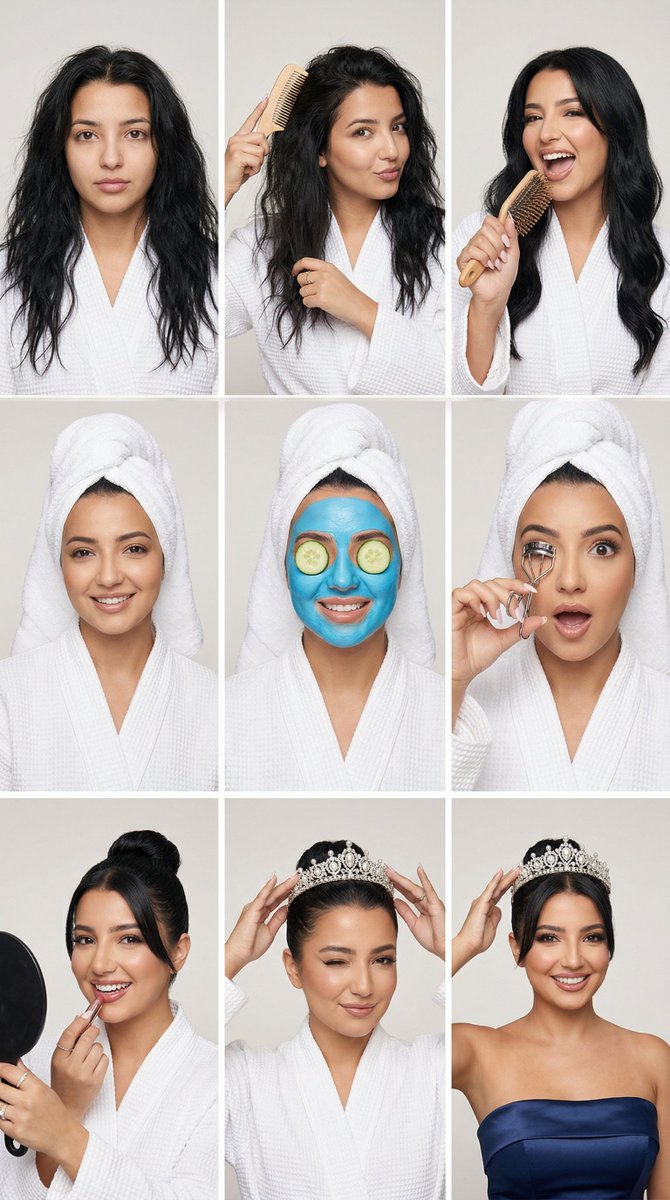 Glam Spa To Tiara Story Grid 3x3 Identity Lock — Nano Banana Pro image prompt example
