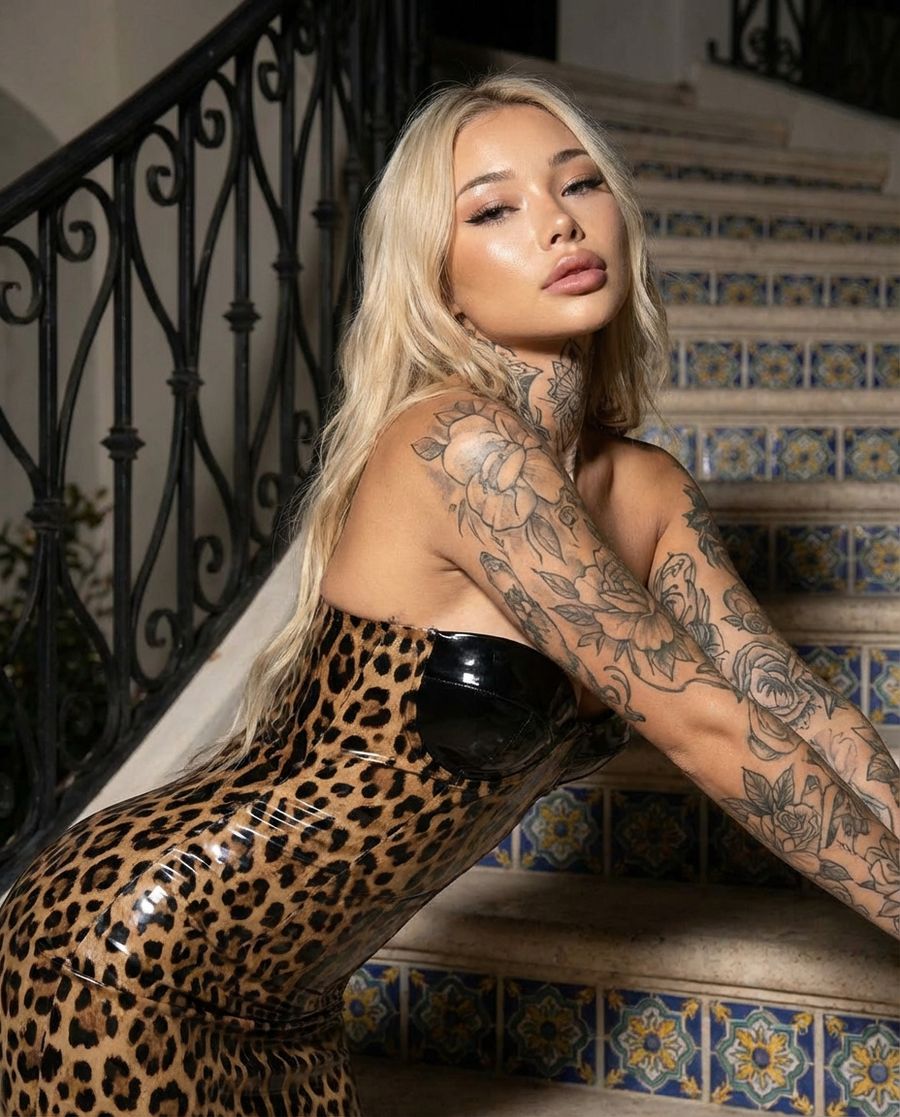 Glamorous Blonde Woman In Leopard Latex With Floral Tattoos — Nano Banana Pro image prompt example