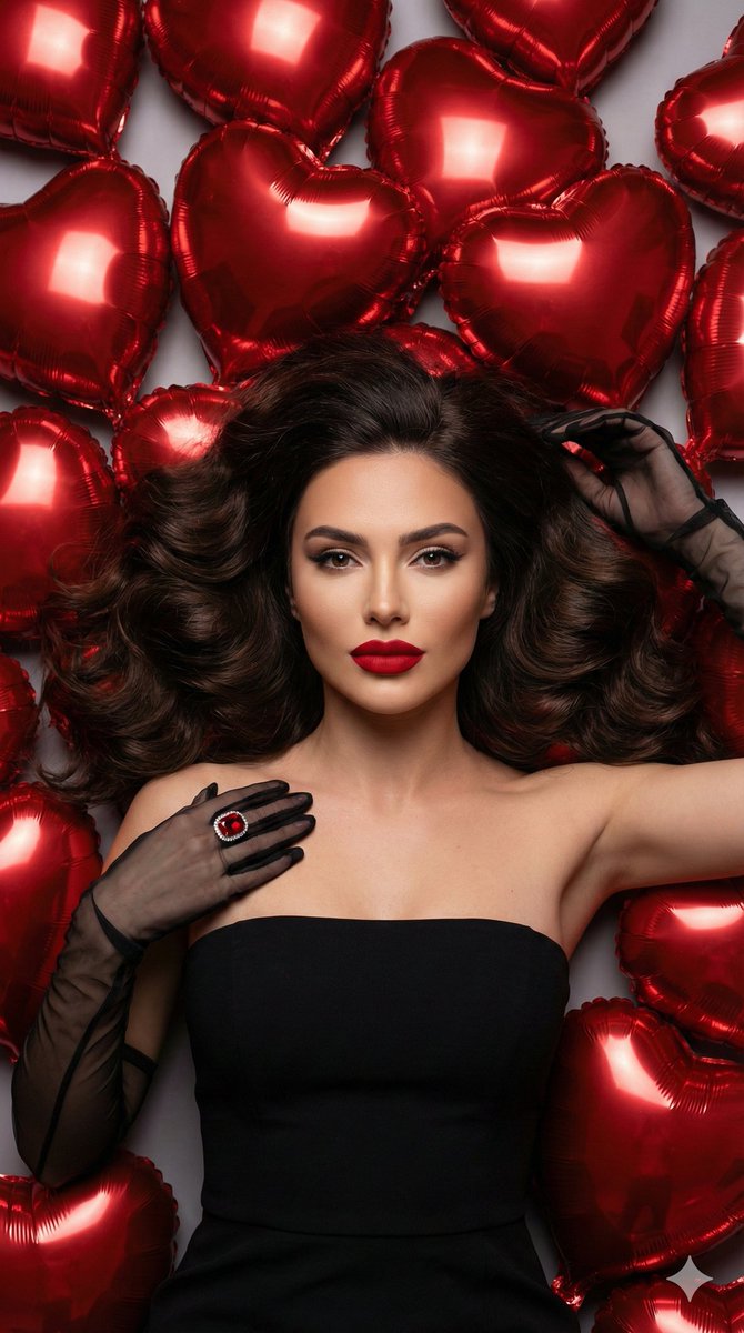 Glamorous Red Heart Balloon Studio Portrait Prompt — Nano Banana Pro image prompt example