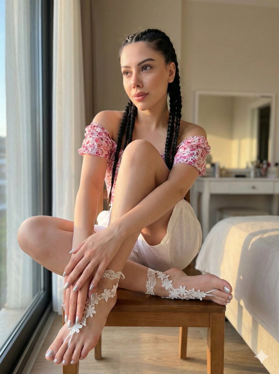 Golden Hour Bedroom Portrait With Lace Foot Jewelry — Nano Banana Pro image prompt example