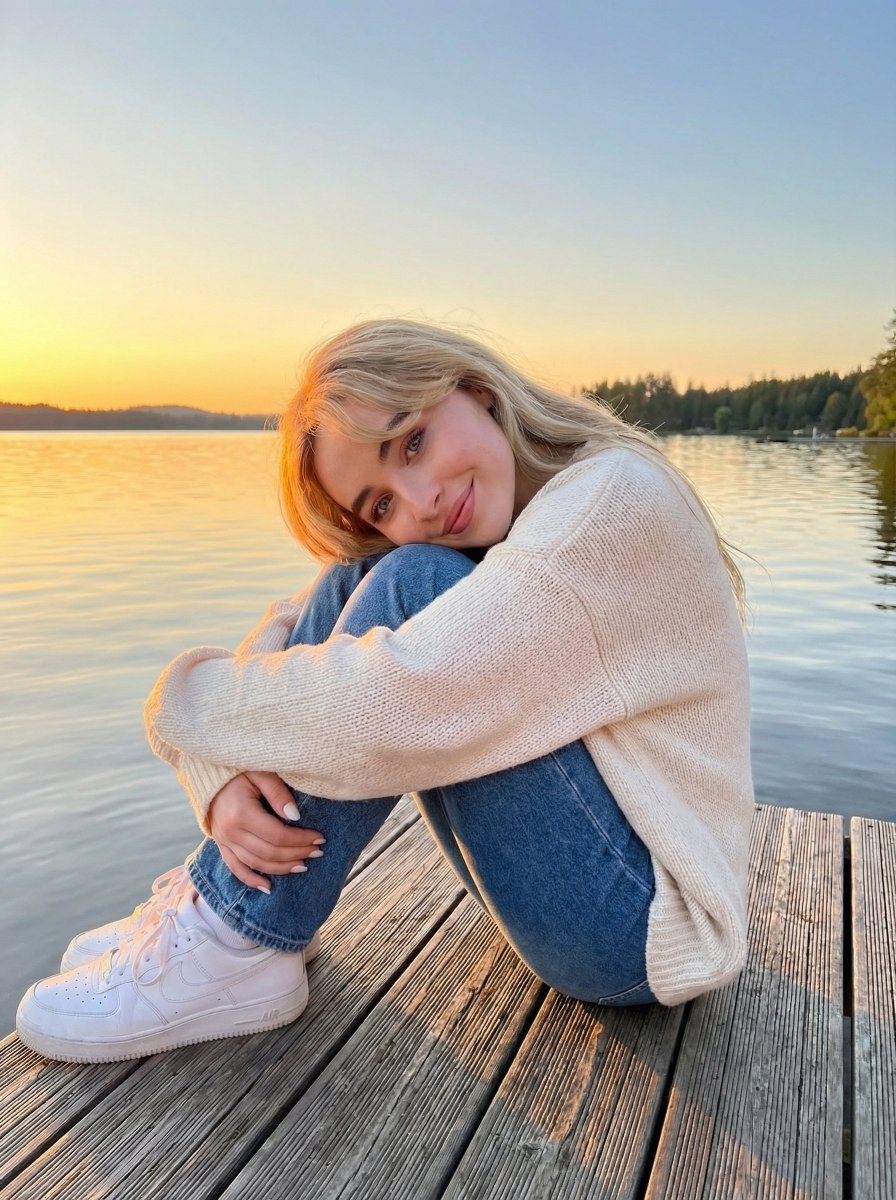 Golden Hour Sunset Portrait On A Lakeside Dock — Nano Banana Pro image prompt example