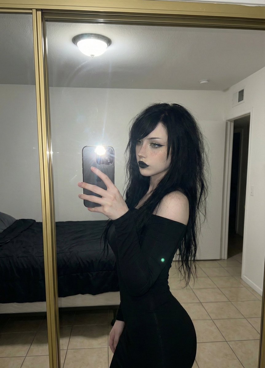 Goth Glam Mirror Selfie With Flash Photography — Nano Banana Pro image prompt example