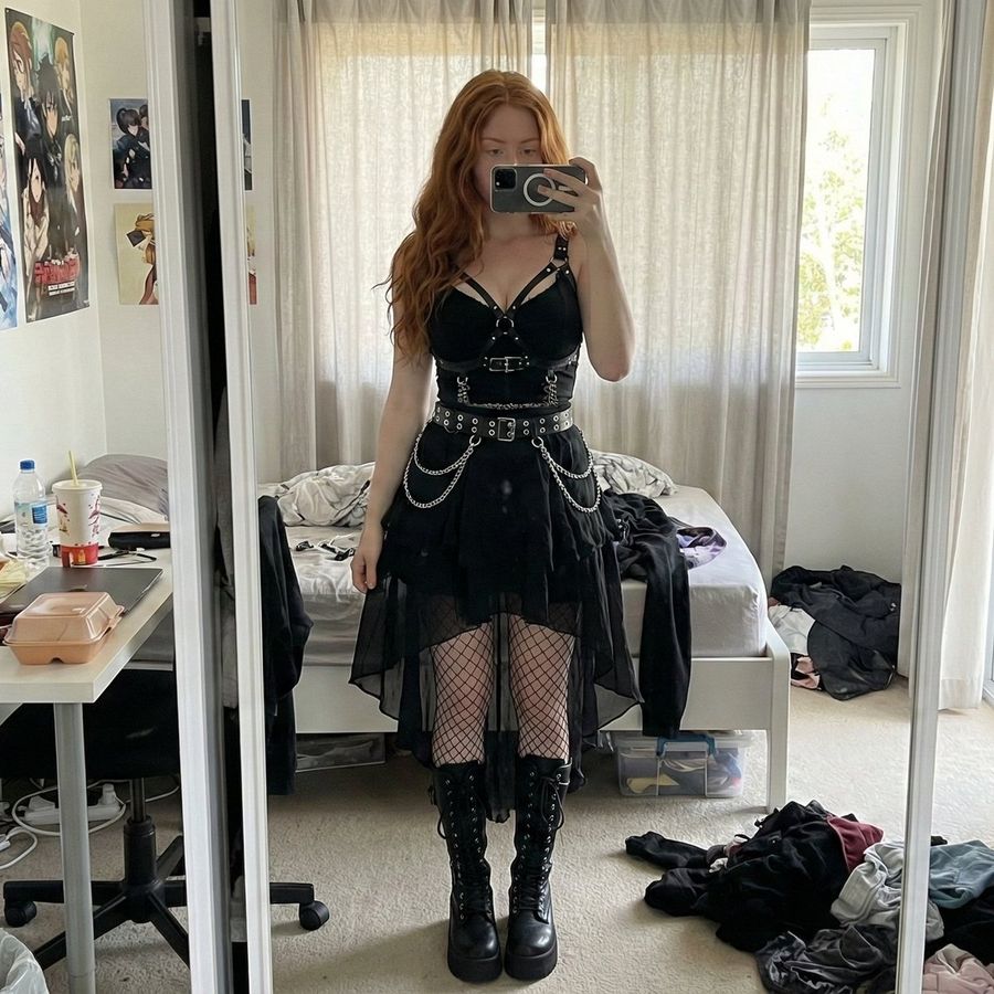 Gothic Mirror Selfie In Messy Bedroom — Nano Banana Pro image prompt example