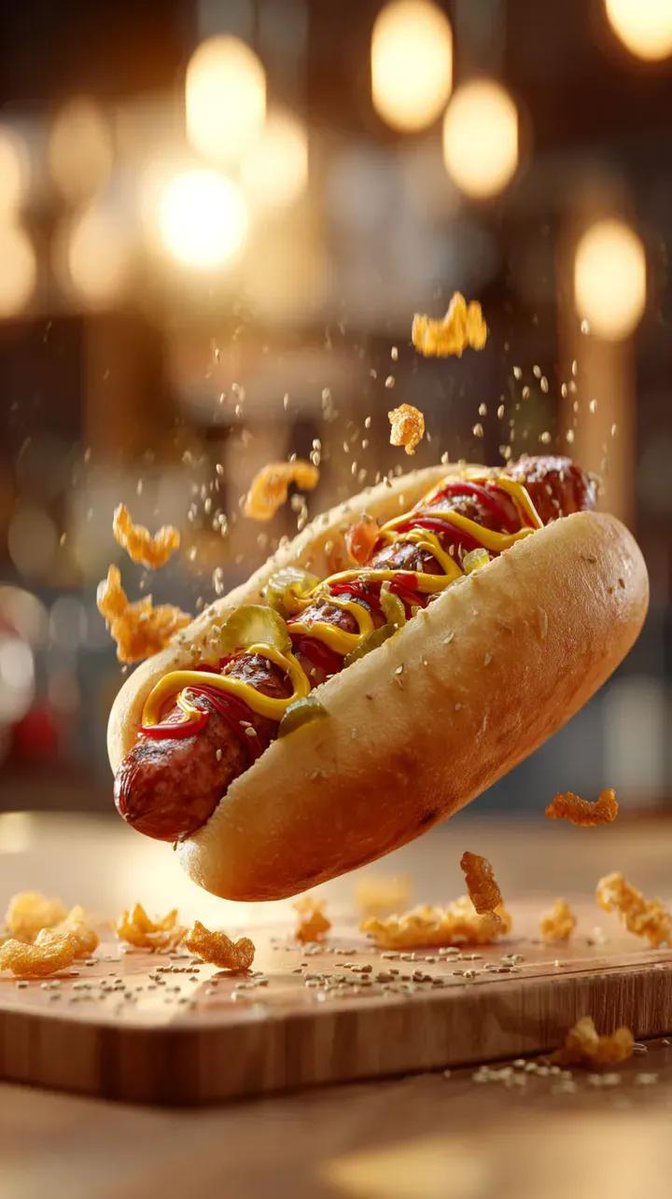 Gourmet Hotdog Mid Air Drop Cinematic Shot — Nano Banana Pro image prompt example