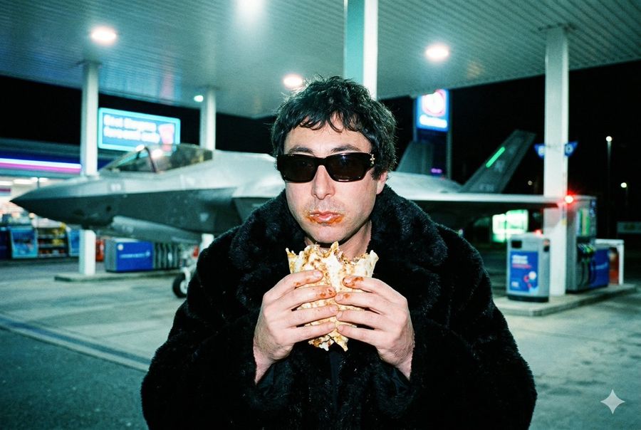 Grainy Paparazzi Snapshot Of Man Eating Kebab At Gas Station With F 35 Jet — Nano Banana Pro image prompt example