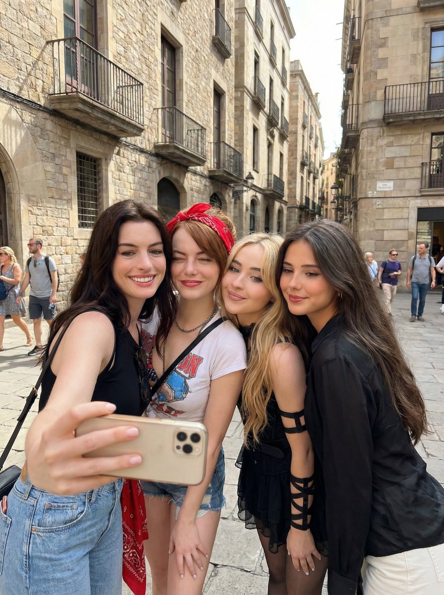 Group Selfie Of Four Women In Barcelona — Nano Banana Pro image prompt example