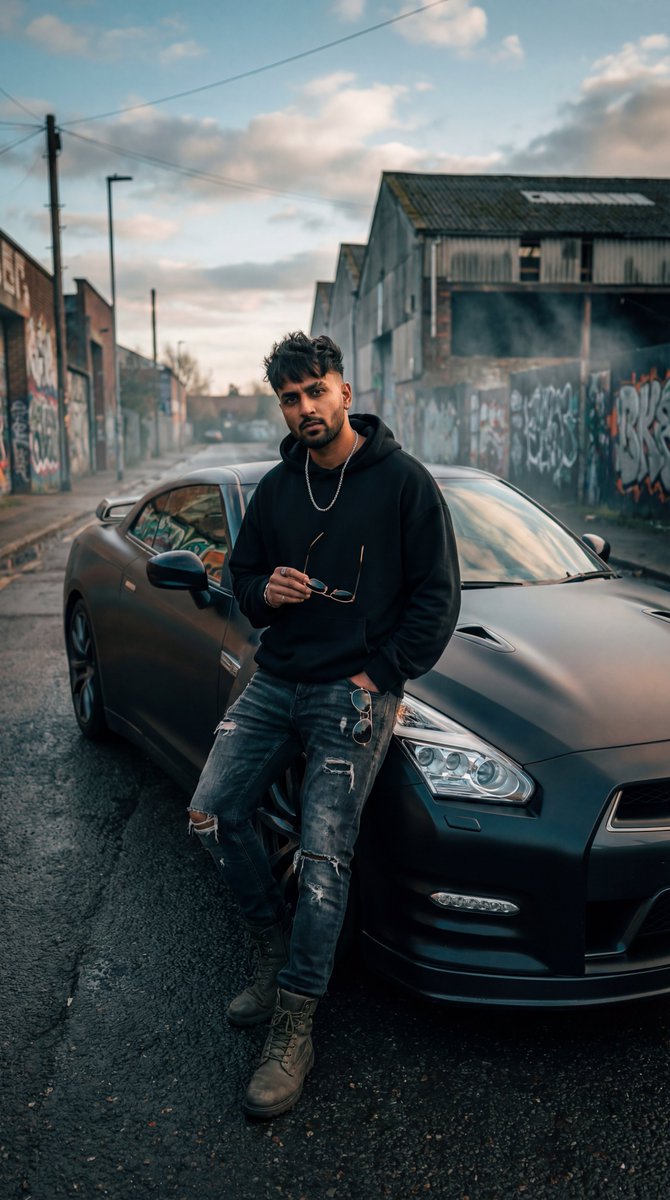 Grunge Street Photography Portrait With A Sports Car — Nano Banana Pro image prompt example