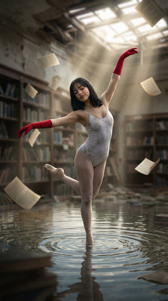 Haunting Ballerina In A Flooded Library Flow Prompt — Nano Banana Pro image prompt example