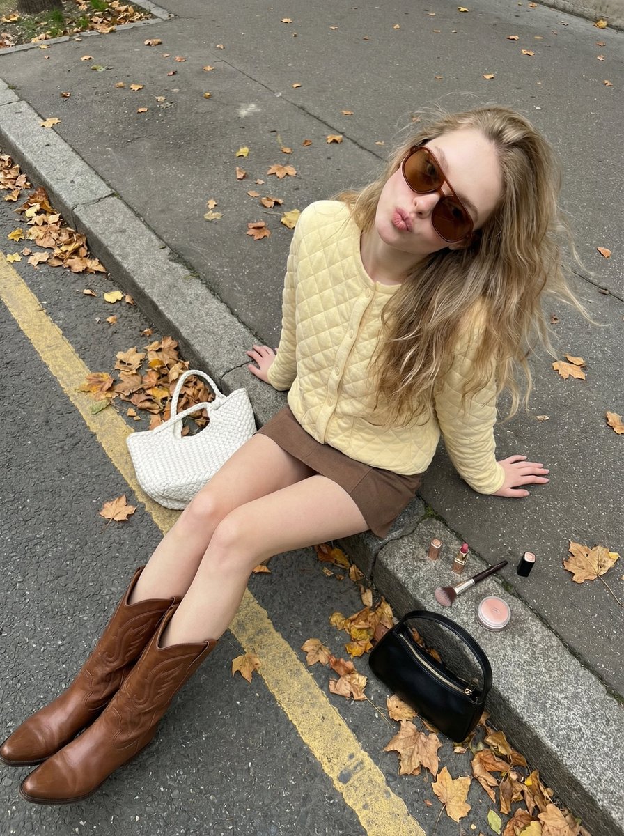 High Angle Street Style Photo With Makeup Items — Nano Banana Pro image prompt example
