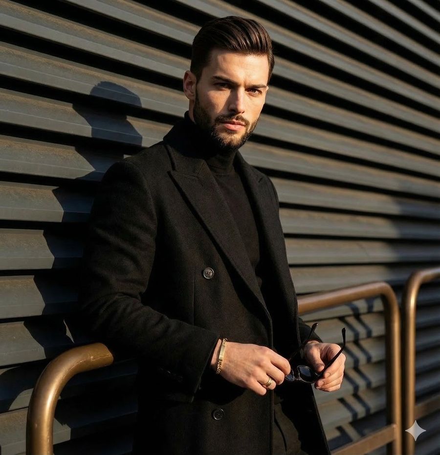 High Contrast Editorial Portrait Of A Man Leaning On A Rail — Nano Banana Pro image prompt example
