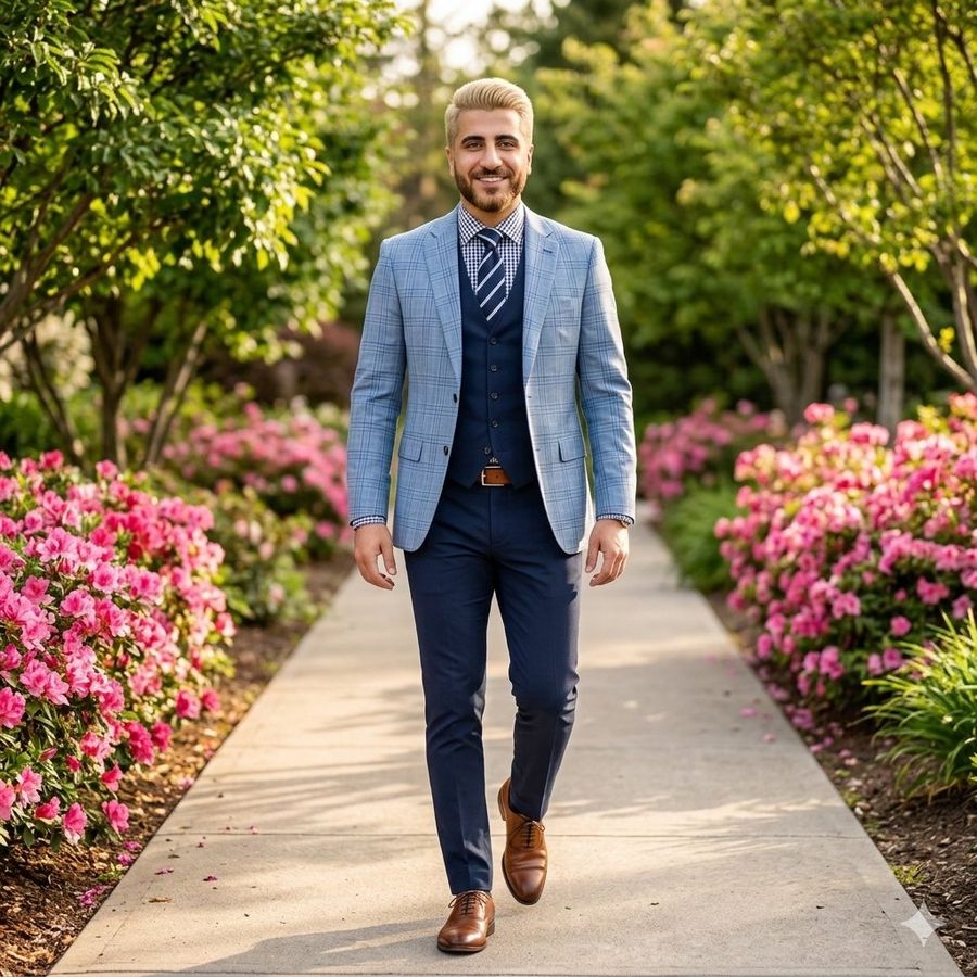 High End Fashion Portrait Of South Asian Man In Garden — Nano Banana Pro image prompt example