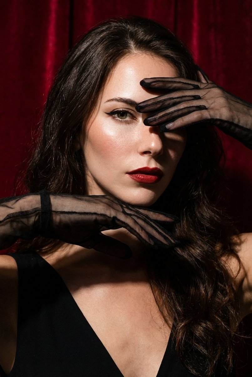 High Fashion Editorial Portrait With Dramatic Hand Pose — Nano Banana Pro image prompt example