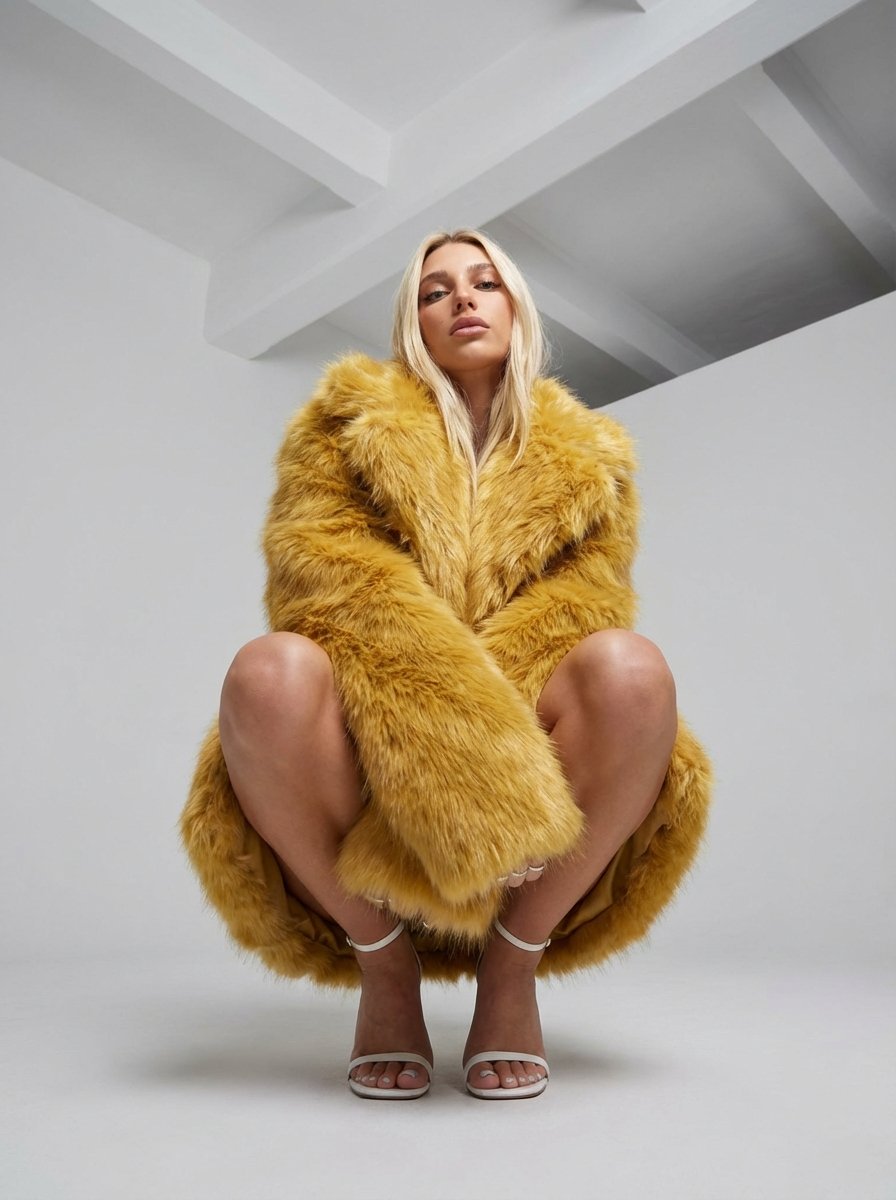 High Fashion Editorial Woman In Yellow Fur Coat — Nano Banana Pro image prompt example