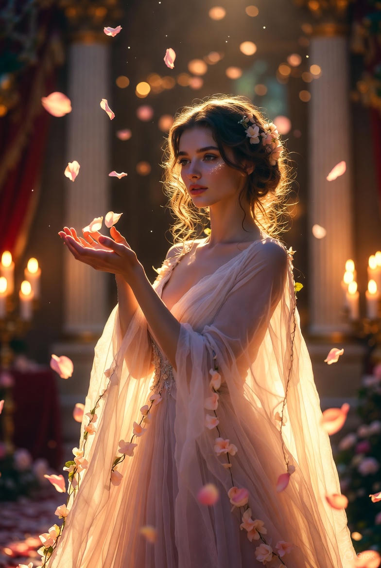 High Fashion Fantasy Editorial With Floating Petals — Nano Banana Pro image prompt example