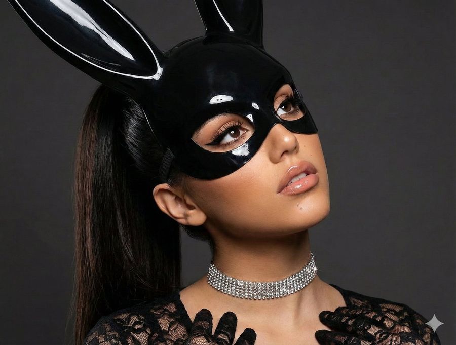 High Fashion Fetish Glamour Bunny Mask Editorial Portrait — Nano Banana Pro image prompt example