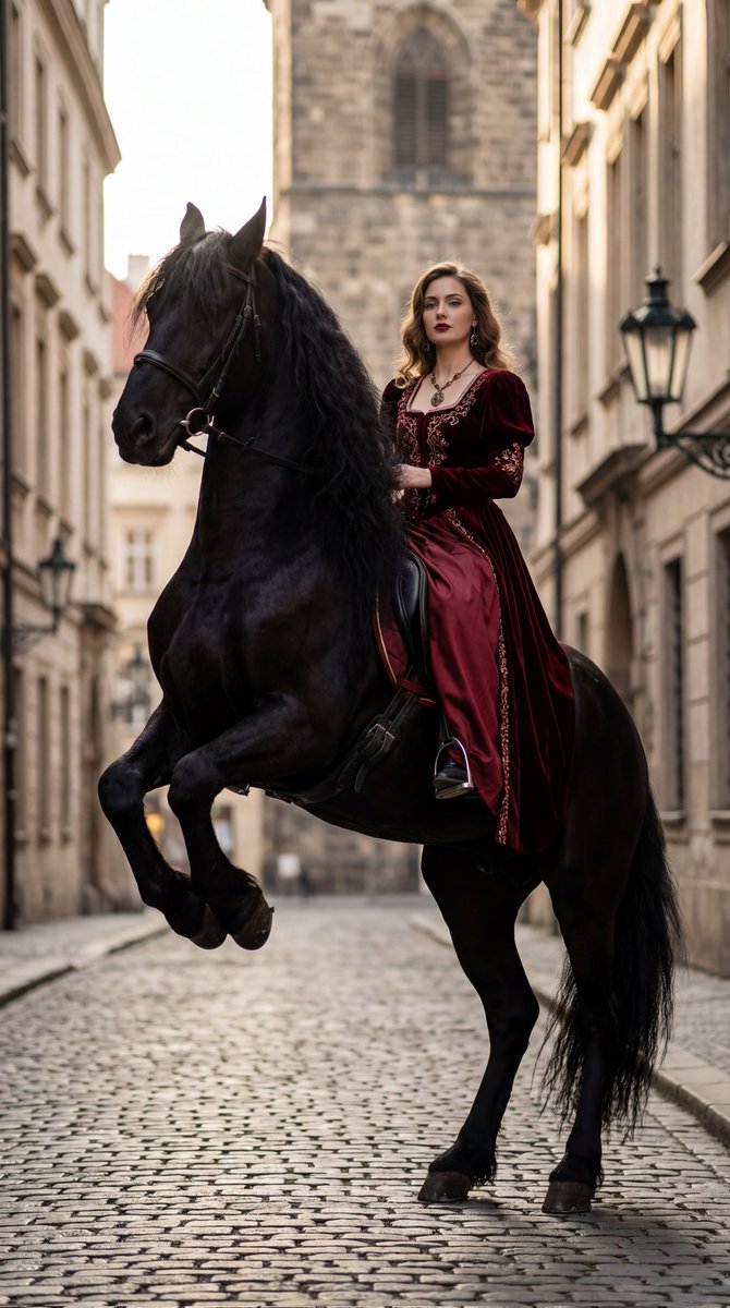 High Fashion Horseback Portrait On Vintage Street — Nano Banana Pro image prompt example