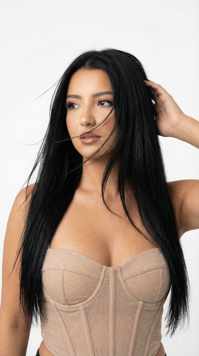 High Key Studio Beauty Portrait Wind Hair Nude Corset — Nano Banana Pro image prompt example