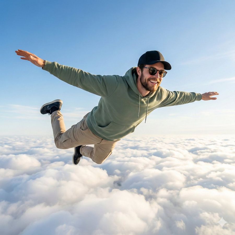 High Quality Photo Of Man Flying Above Clouds — Nano Banana Pro image prompt example
