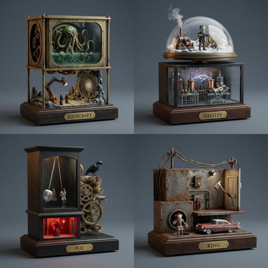 Horror Author Universe Kinetic Sculptures Grid — Nano Banana Pro image prompt example
