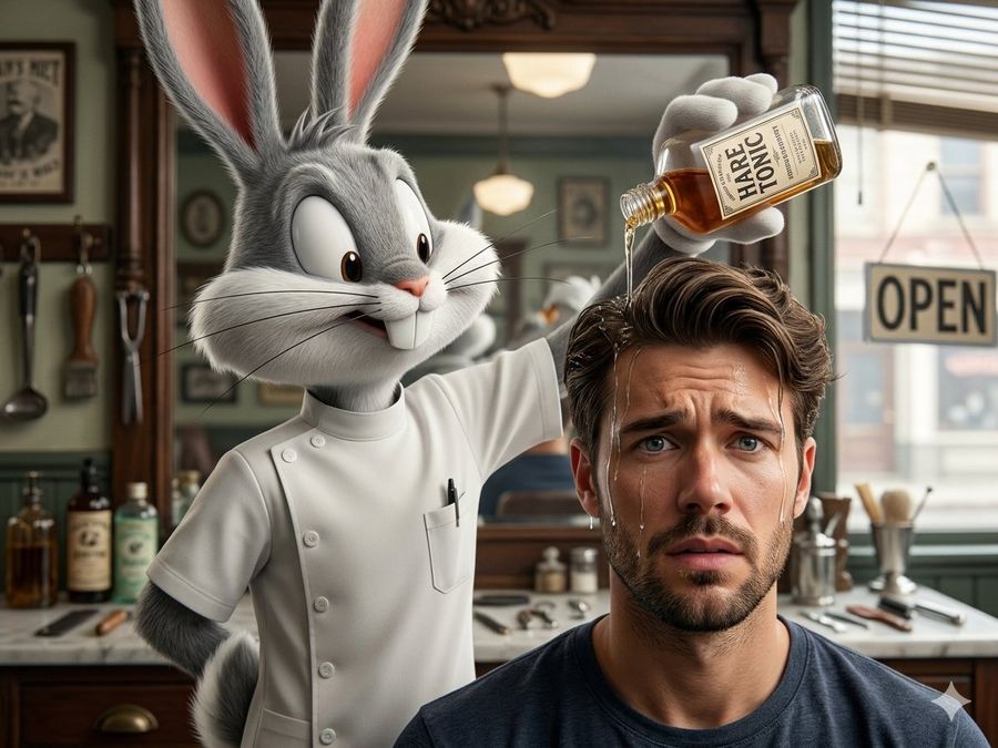 Hyper Realistic Bugs Bunny Barber Scene — Nano Banana Pro image prompt example