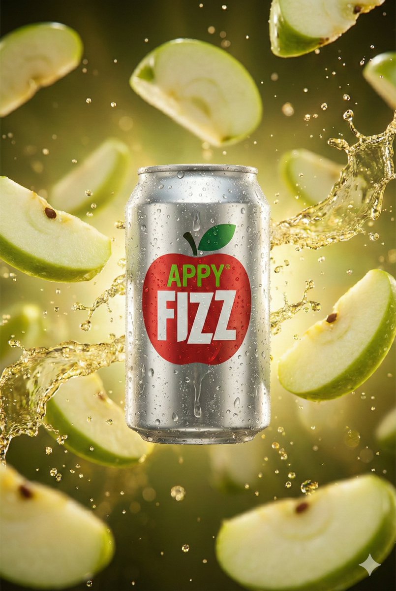 Hyper Realistic Cinematic Product Shot Of Appy Fizz Can With Exploding Apple Slices — Nano Banana Pro image prompt example