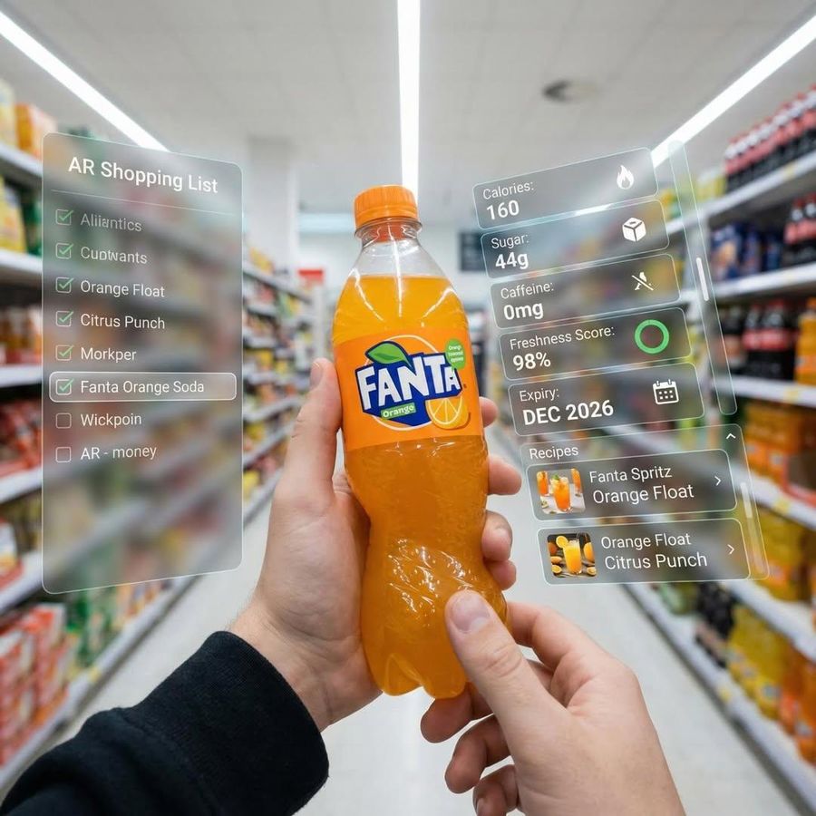 Hyper Realistic Mixed Reality Fanta Bottle Interface — Nano Banana Pro image prompt example
