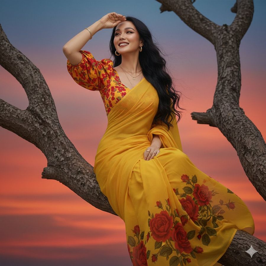 Hyper Realistic Portrait Of Woman In Saree On Tree Branch — Nano Banana Pro image prompt example