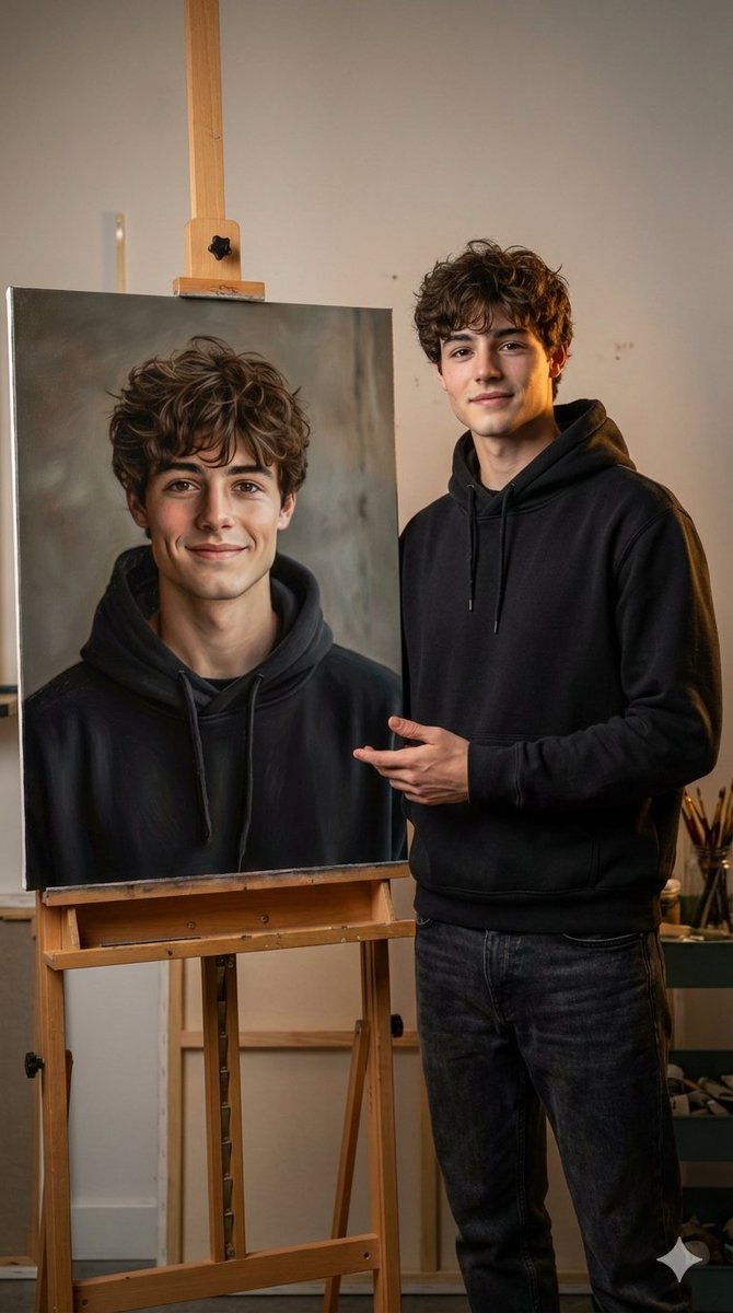 Hyper Realistic Portrait With A Painting Of The Subject — Nano Banana Pro image prompt example