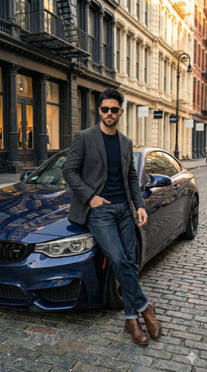 Hyper Realistic Street View Of Man Leaning On Bmw — Nano Banana Pro image prompt example