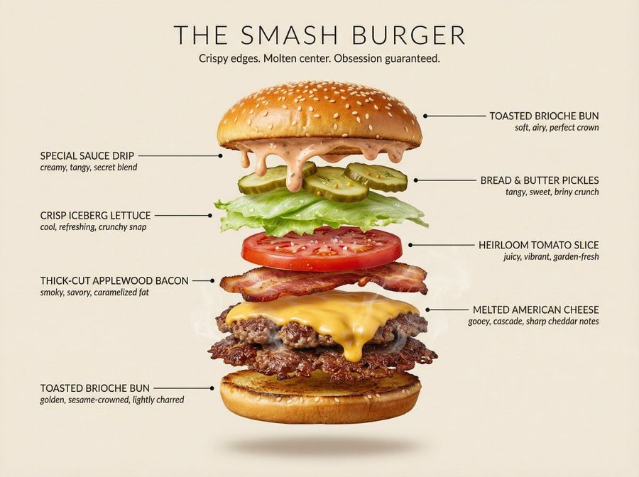 Hyperrealistic Exploded Ingredient Stack Diagram — Nano Banana Pro image prompt example