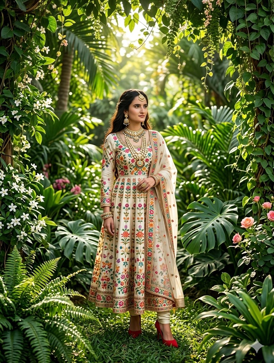 Indian Anarkali Suit Greenhouse — Nano Banana Pro image prompt example
