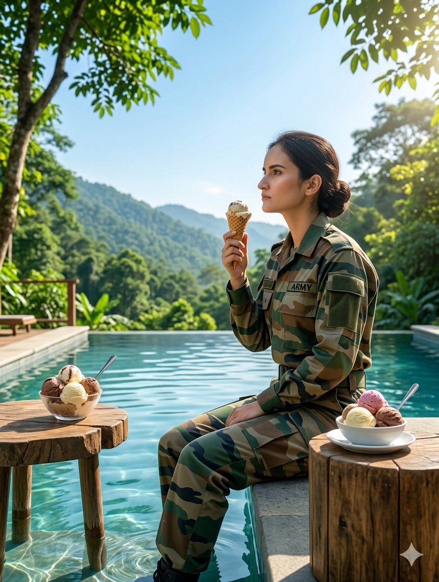 Indian Army Soldier Infinity Pool — Nano Banana Pro image prompt example