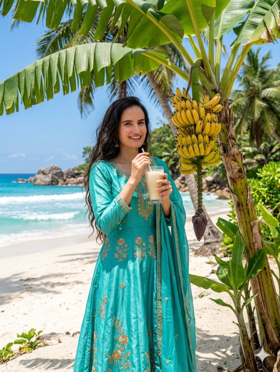 Indian Woman Beach Milkshake Photography — Nano Banana Pro image prompt example