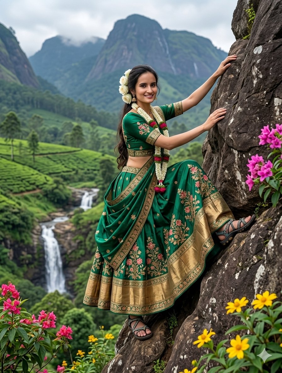 Indian Woman Rock Climbing Lehenga — Nano Banana Pro image prompt example