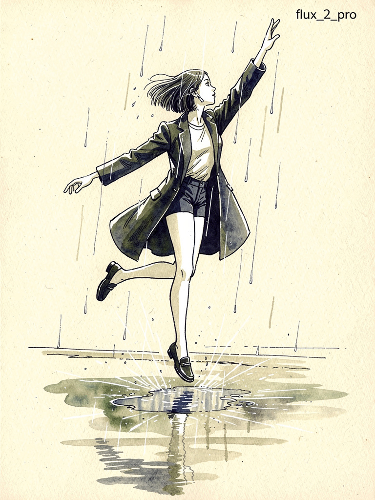 Ink Pen Style Illustration Of A Woman Jumping In The Rain — Nano Banana Pro image prompt example