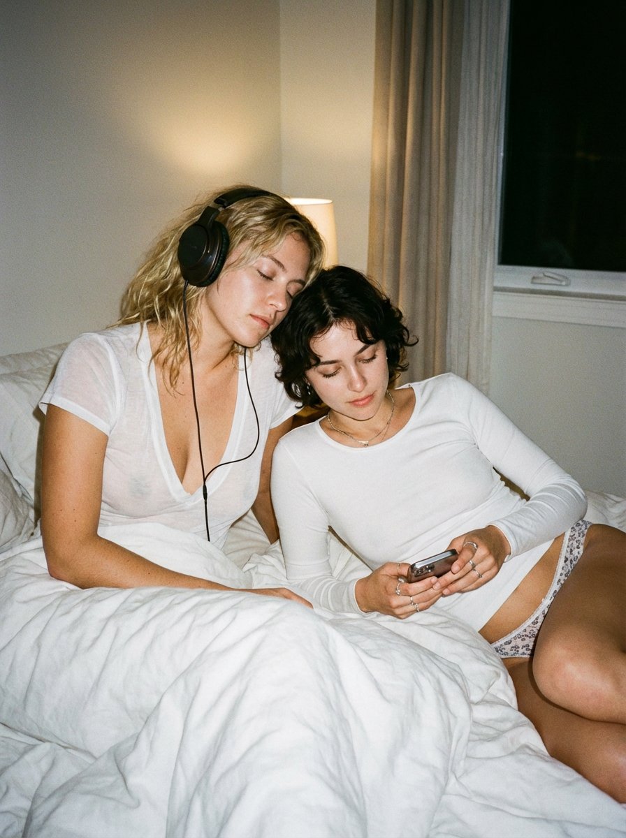 Intimate Candid Lifestyle Photo Of Two Women On White Sheets — Nano Banana Pro image prompt example